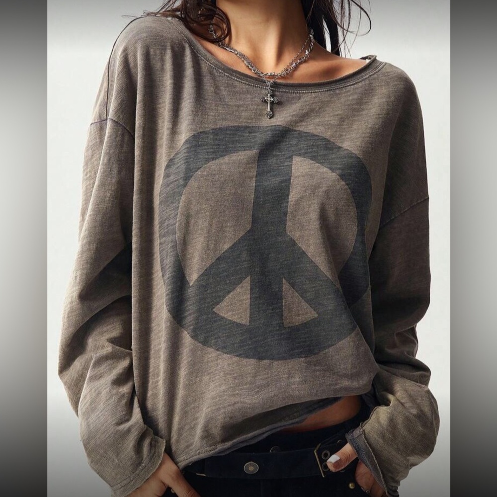 Women's Brown Long Sleeve Peace Sign Tee